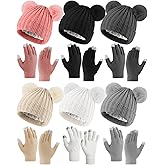 12 Pcs Women Beanie Hat Gloves Set Stain Lined Hats Fleece Hats Touchscreen Gloves Knit Mittens for Men Adult Cold Weather