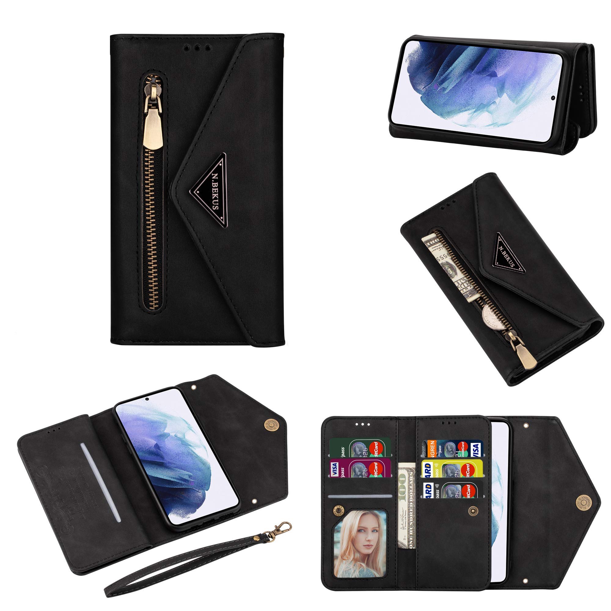 SCRENDY Folio Wallet Case for Samsung Galaxy A52 5G/4G, Detachable Crossbody Lanyard Zipper Handbag with 7 Card Holders & Wrist Strap, Premium PU Leather TPU Shockproof Cover, Black