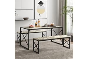 VECELO Kitchen Dining Table Benches Set for 4, 55" Wooden Dinette with 2 Benches, Heavy-Duty Dining Room Table for Small Space, Breakfast Nook, Grey