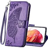 HAOTP Wallet Case for Samsung Galaxy S22 Ultra,PU Leather Wallet Flip Protective Phone Case Wrist Strap Card Slots Holder Pocket Emboss Butterfly Flower Stand Case for Women Men Purple