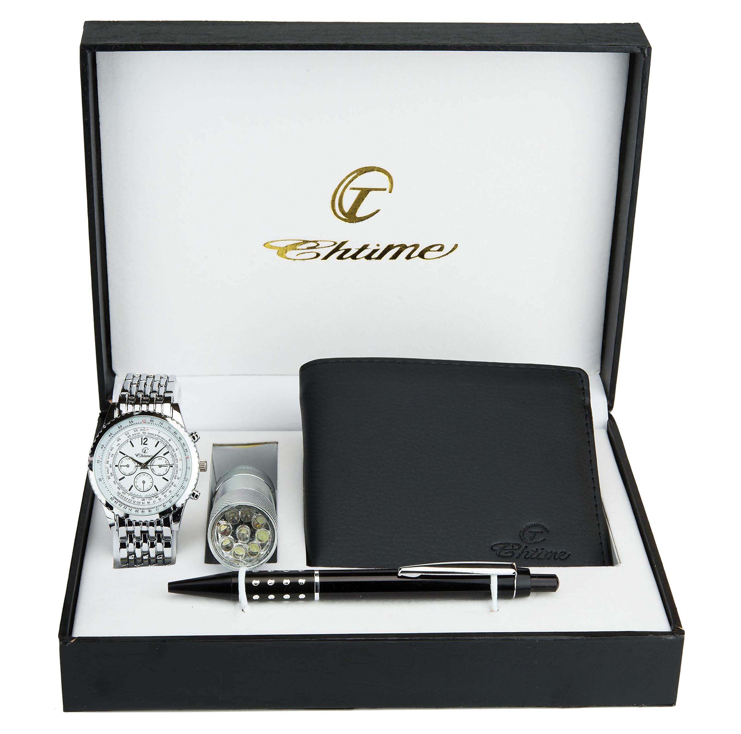 BELLOS Gift Box Men's Watch, Wallet, Torch Light, Pen, White, 40, Classic, White, 40, Classic