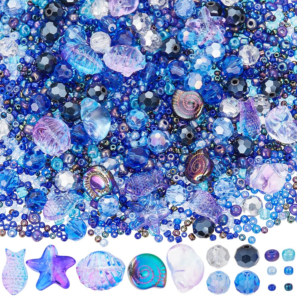 SUNNYCLUE 1 Box 3100pcs Summer Beads Kit: Glass Sea Ocean Beads, Star, Sea Shell, Fish, Summer Hawaii Ocean Animal Purple Spacer for Fabric