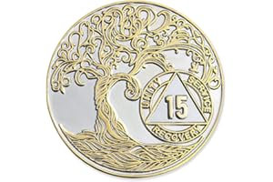 15 Year XL 40mm Nickel & Gold Plated AA Coin - Sobriety Mint Twisted Tree of Life Recovery Medallion/Chip - Silver/Gold