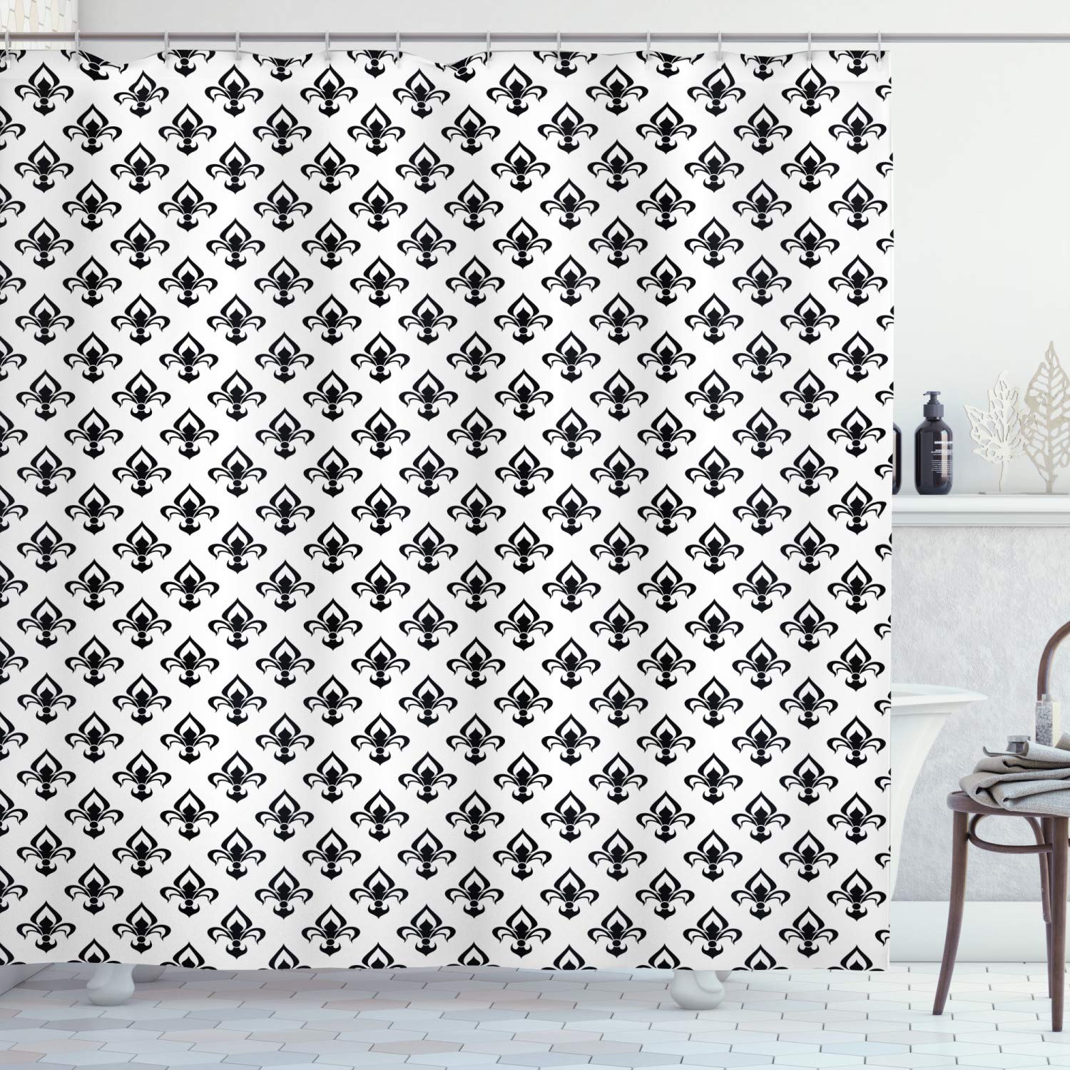 ABAKUHAUS Fleur De Lis Shower Curtain, Abstract Flower Pattern European Western Civilization Inspirations Baroque, Cloth Fabric Bathroom Decor Set with Hooks, 70 Inches, Black White