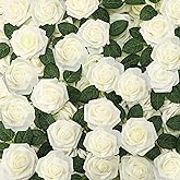 Zeyune 200 Pcs Artificial Rose Flowers Foam Fake Rose Bulk Faux Flower with 100 pcs Stem for DIY Wedding Bouquet Centerpieces Floral Arrangement Bridal Shower Party(White)