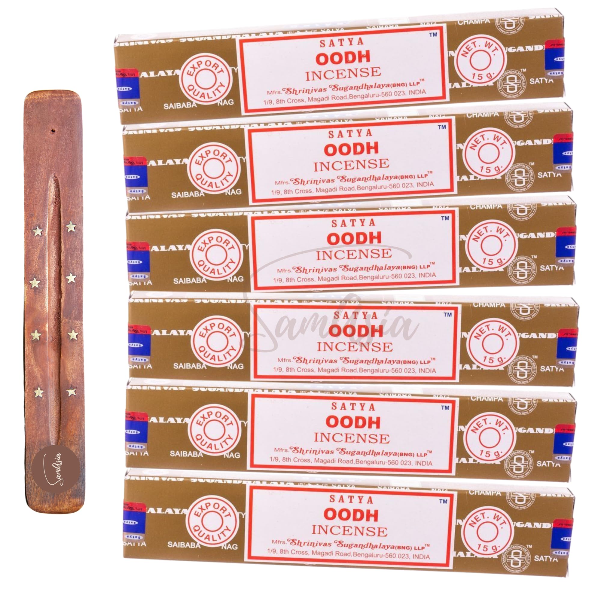 Satya Nag Champa Oodh Incense Sticks | x6 pack | with SAMASIA incense sticks holder | Used for Aromatherapy, Spa, Yoga, Weddings, Meditation, Healing, Positivity and Relaxation