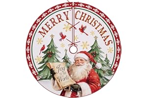 Fzbali Santa Claus Merry Christmas Tree Skirt, 48 Inches Lace-up Cardinal Gold Snowflake Poinsettia Xmas Tree Skirt, Joy to The World Winter Holiday Party Indoor Decoration Home Decor