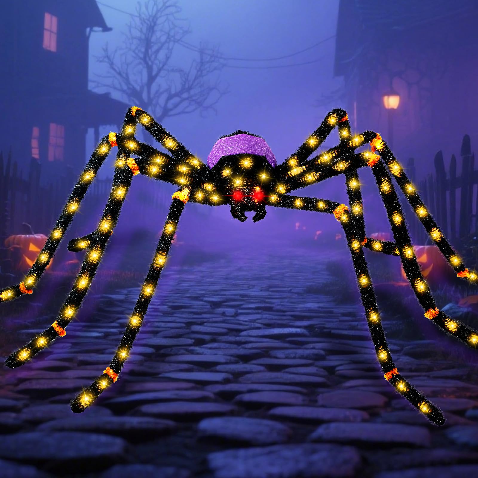 Photo 1 of 5.5FT Giant Spider Halloween Decorations with 100 LED, Plug-in Pre-Lit Light Up Scary Spider Halloween Decorations, Large Spider Decorations for Outdoor, Yard, Lawn, Exterior Walls