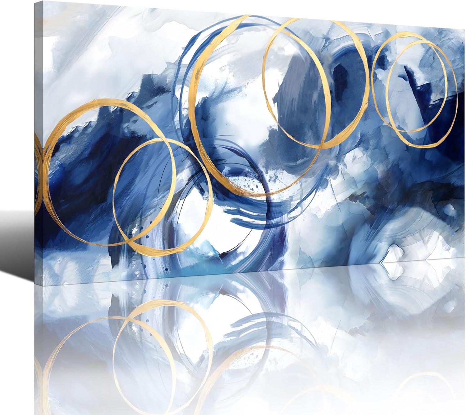Paintings - AJAZIKO Blue Abstract Wall Art Modern Art Wall Decor Artwork For Walls Living Room Large Painting Size 20x40 Office Pictures For Wall Navy Gold Contempor Decorations For Bedroom