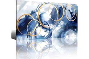 AJAZIKO Blue Abstract Wall Art Modern Art Wall Decor Artwork For Walls Living Room Large Painting Size 20x40 Office Pictures For Wall Navy Gold Contempor Decorations For Bedroom