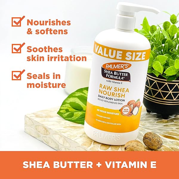 PALMER’S SHEA FORMULA RAW SHEA BODY LOTION FOR DRY SKIN, HAND & BODY MOISTURIZER, VALUE SIZE PUMP BOTTLE, 33.8 OUNCES (PACK OF 1)