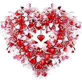 Hotop Valentines Wreath for Front Door Valentines Heart Shaped Tinsel Garland Hanging Heart Wreath Decor for Home Birthday Wedding Party Decoration Supplies(Red, White, Rose Red)