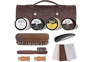YUET 13PC Shoe Polish Care Kit Leather Boot Shine Set w/Travel Case, Brush, Cloth, Shoehorn, Brown Black Neutral Polish