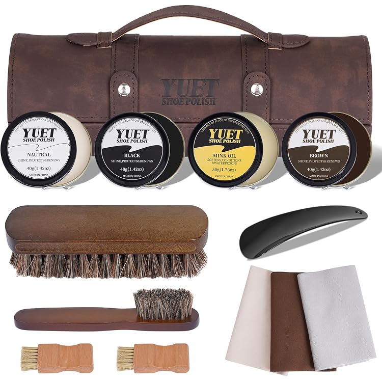 Kit Cirage Entretien Chaussures 9 Pièces Cuir Noir/Marron - Brosse, Cire Et Étui