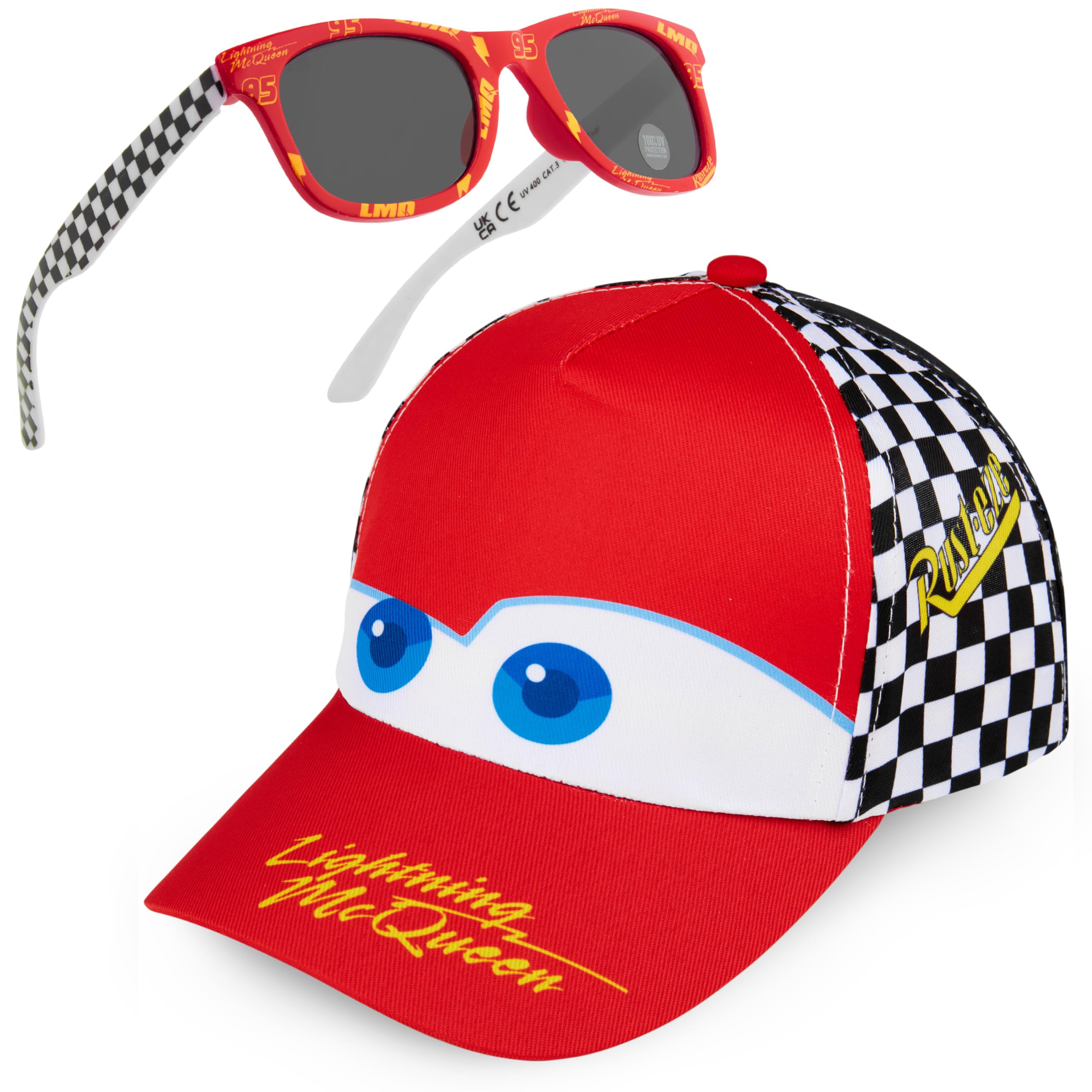 Photo 1 of * no sunglasses * Get Trend Disney Cars Baseball Cap and Kids Sunglasses Set Breathable Adjustable Sun Hat 100% UV Summer Accessories Set Vacation Essentials Boys Gifts (Red/White Lightning McQueen)
