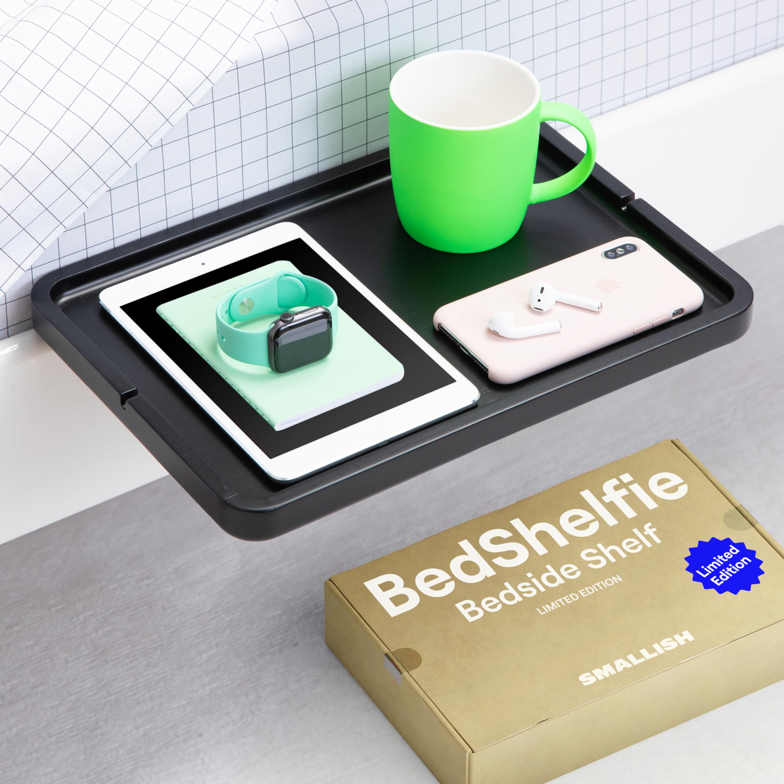 BedShelfie Bedside Shelf for Bunk Bed & Top Bunk, College Dorm Room Essentials, Loft Accessories, Clip On Nightstand Organizer, Floating Bed Side Table Tray Storage (Minimalist Model, Black, Wood)