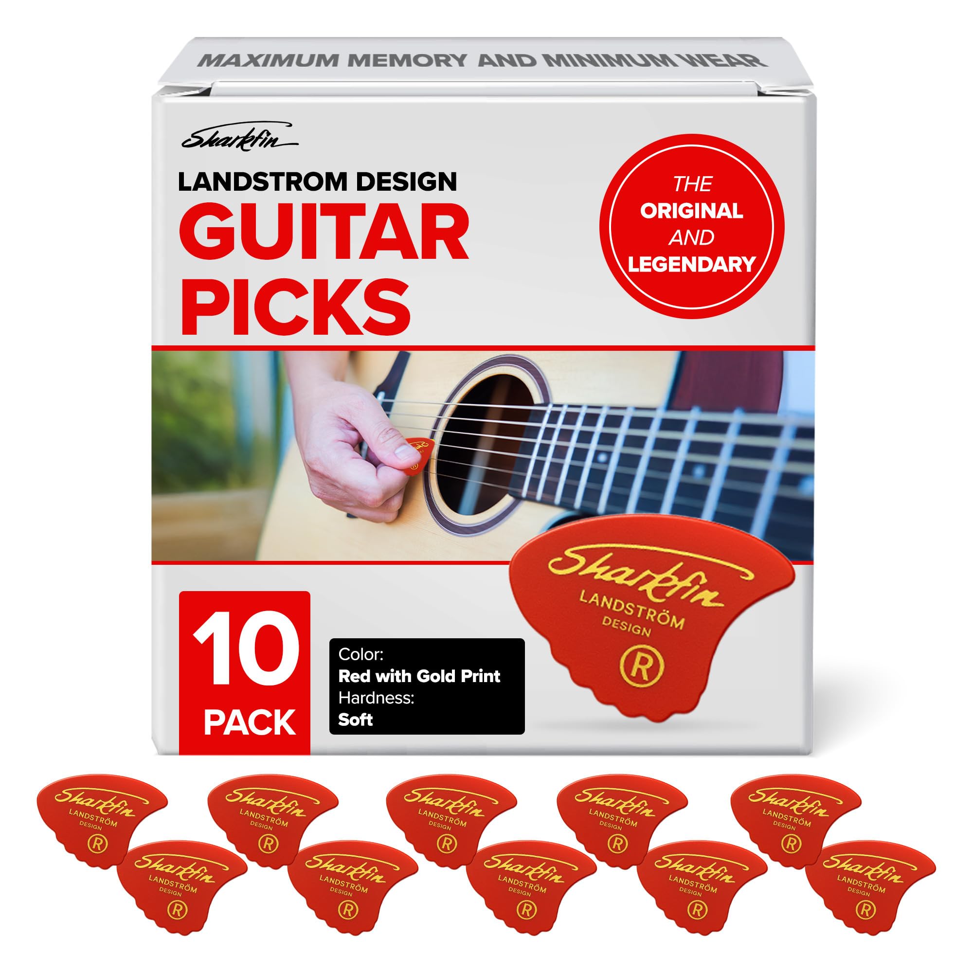 The original legendary Landstrom design from Sweden Sharkfin guitar picks 10 Pack Red Goldprint Soft