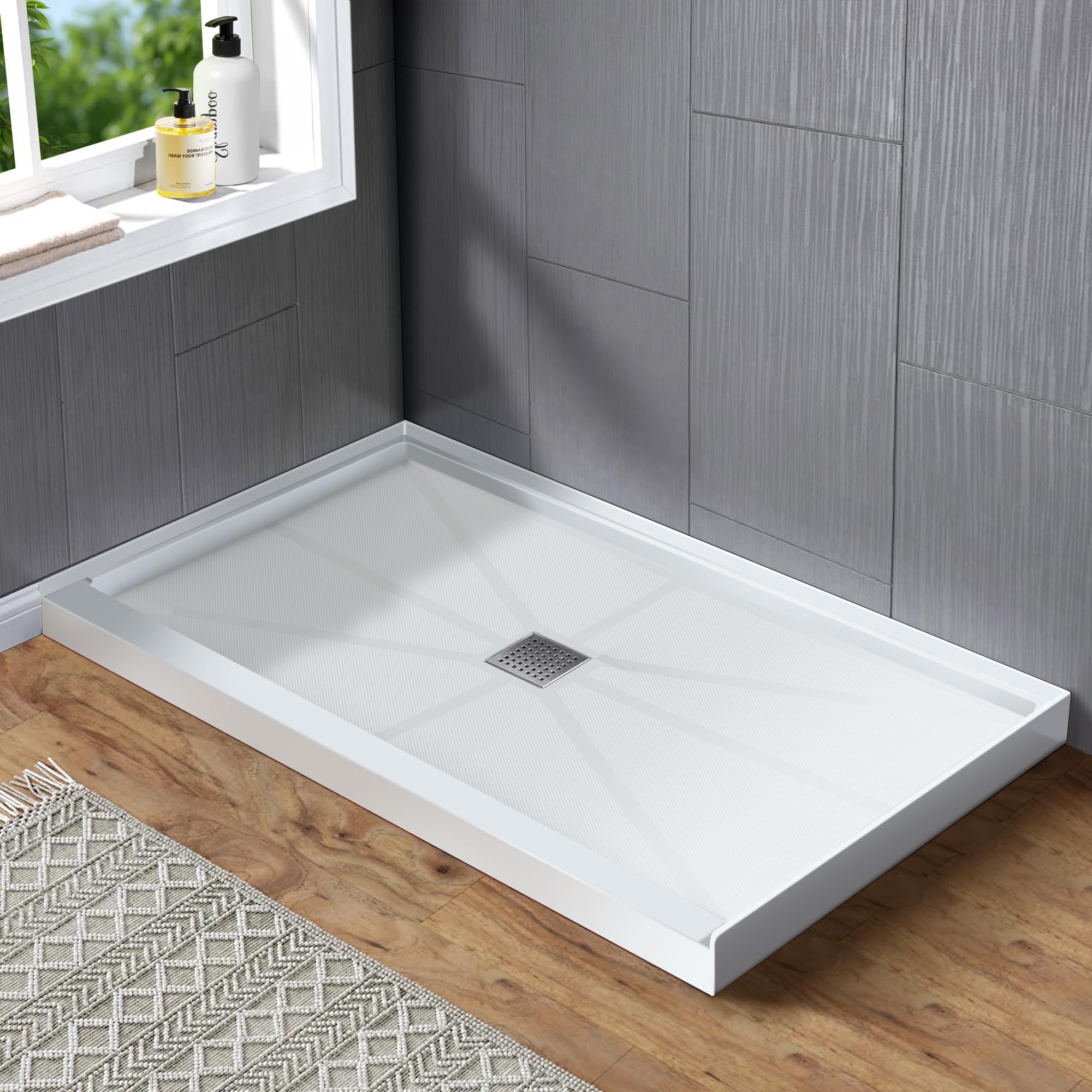 Photo 1 of 60'' L X 32'' W X 4'' H Shower Base, Rectangle SMC Shower Pan Non-Slip Single Threshold Shower Bases, Stainless Steel Shower Drain Cover Included