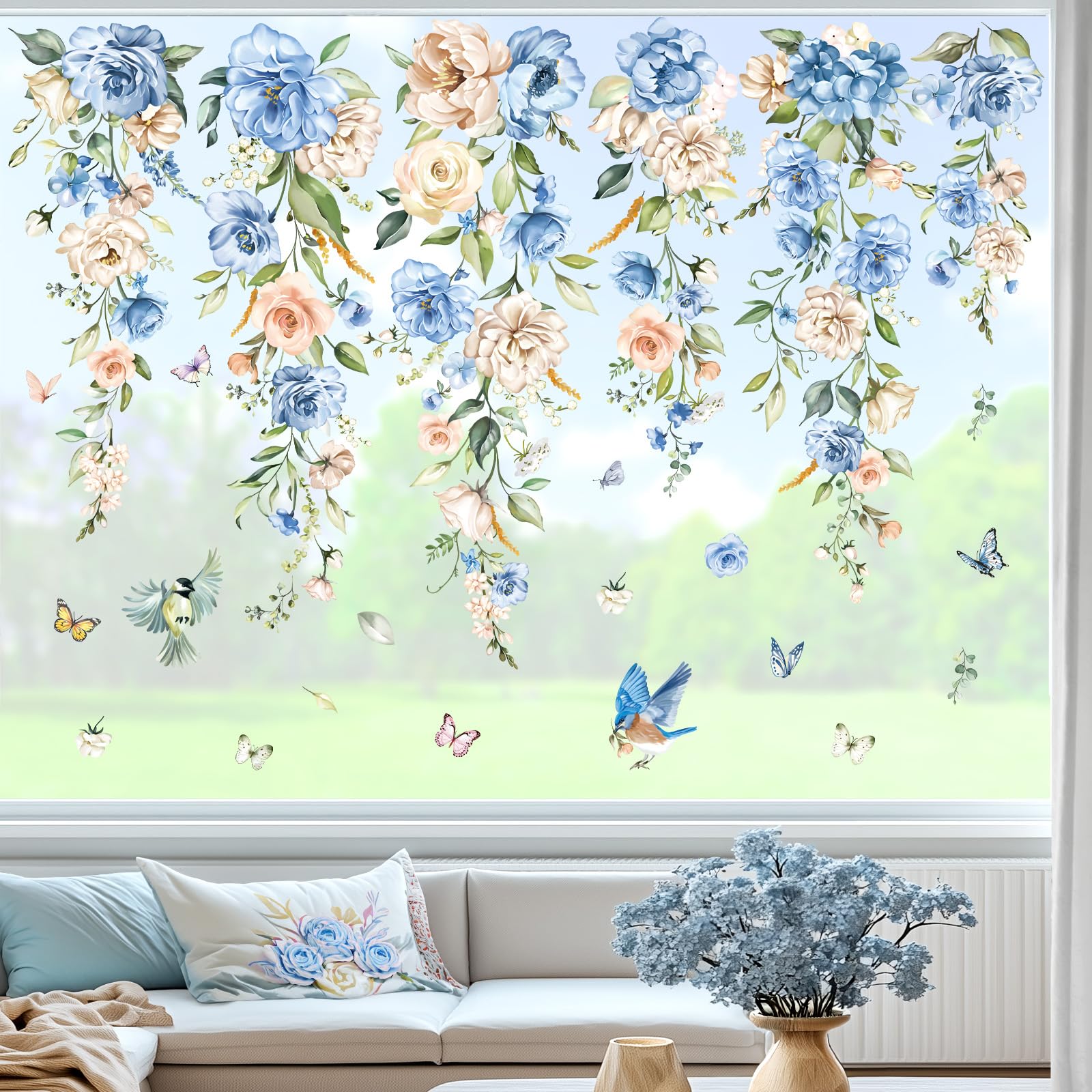 wondever Blue Peony Flowers Window Clings Hanging Vine Floral Leaves Glass Sticker Decal Anti Collision Double-Side Static Window Stickers for Home Glass Window