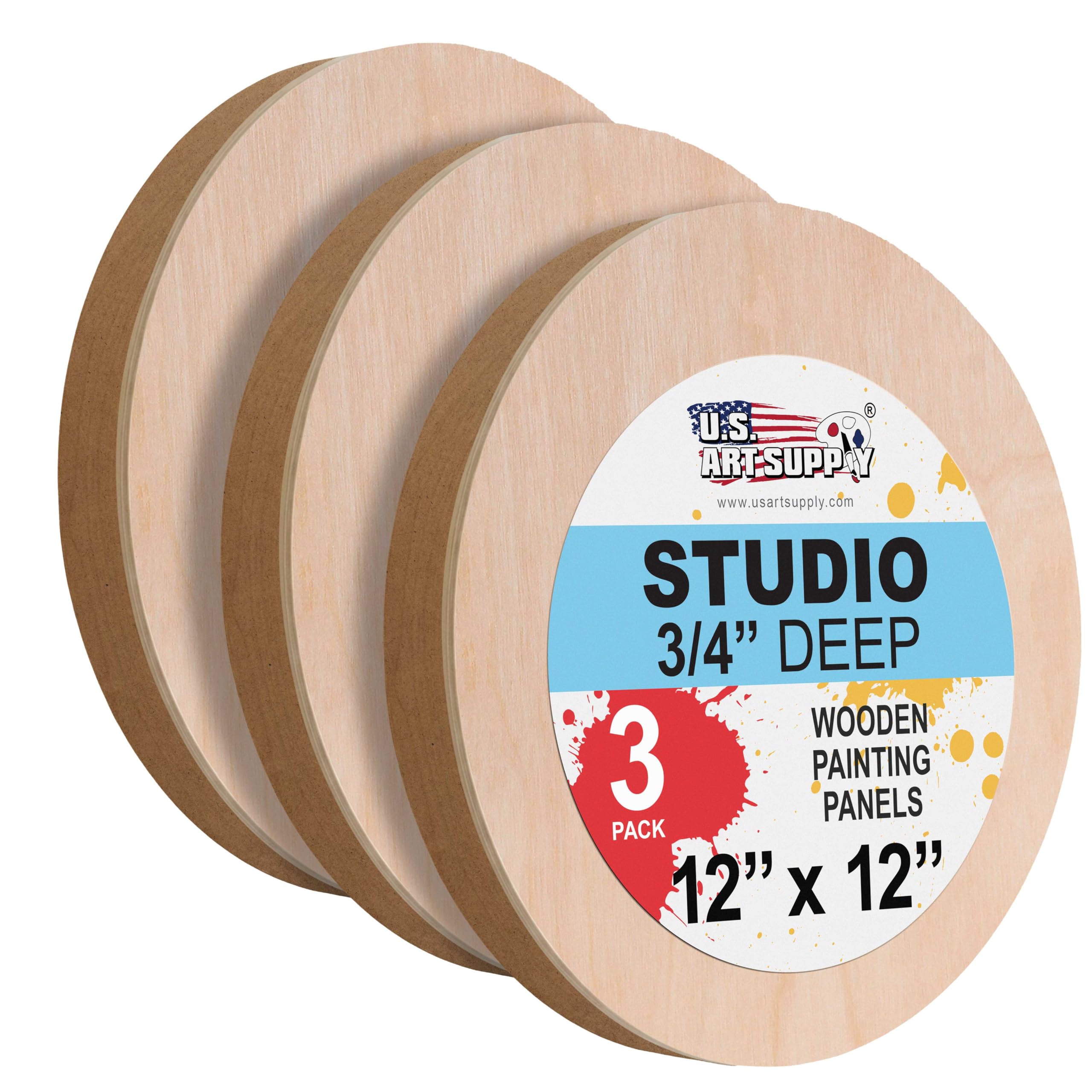 U.S. Art Supply 12" Unfinished Round Birch Wood Panels for Painting, Wooden Canvas 3 Pack of 3/4" Studio Deep, Cradle Boards for Acrylic Pouring, Art, Crafts, Epoxy Resin, Laser Engraving Cutting Image