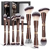 MAANGE Makeup Brush Set with Mirror Double-ended Kabuki Makeup Brushes For Foundation Contour Liquid Powder Concealer Eye Shadows Cream Cosmetics Blending Blush Makeup Tools (Coffee Brown, 8 PCS)