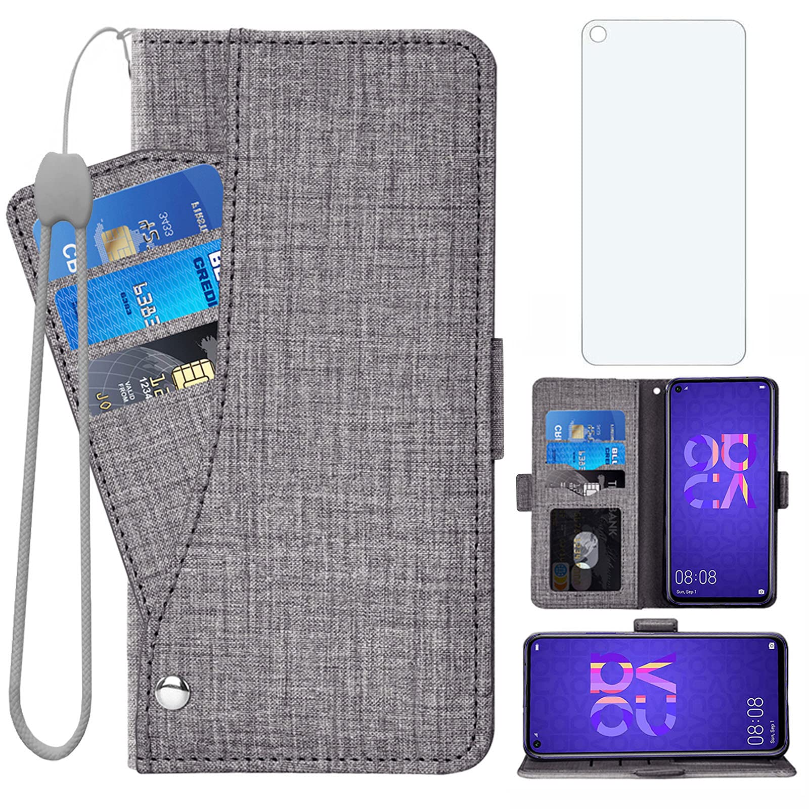 Asuwish Compatible with Huawei Nova 5T Wallet Case Tempered Glass Screen Protector and Leather Flip Cover Card Holder Stand Cell Accessories Phone Cases for Hawaii Hwauei T5 5 T Nova5T Women Men Black