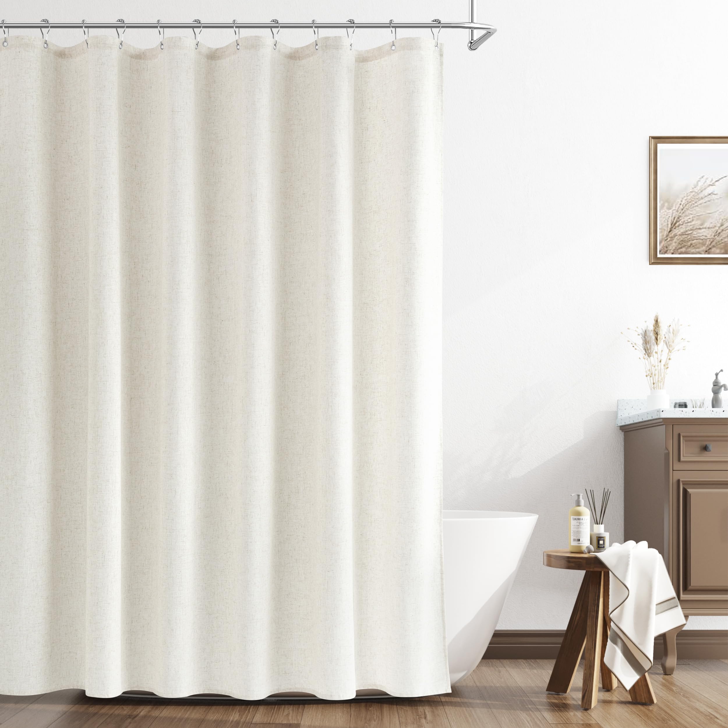 Naturoom Extra Long Cream Linen Shower Curtain 84 Inch Long Weighted Fabric Bath Shower Curtain Set with Hooks, XLong Tall Country Farmhouse Curtains for Bathroom, 72x84 Image