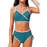 TALLWH Girls Bathing Suit Adjustable Straps Bikini Sets Color Block V Neck Two Piece Swimsuit with Back Cutout Bow Tie 9-16Y