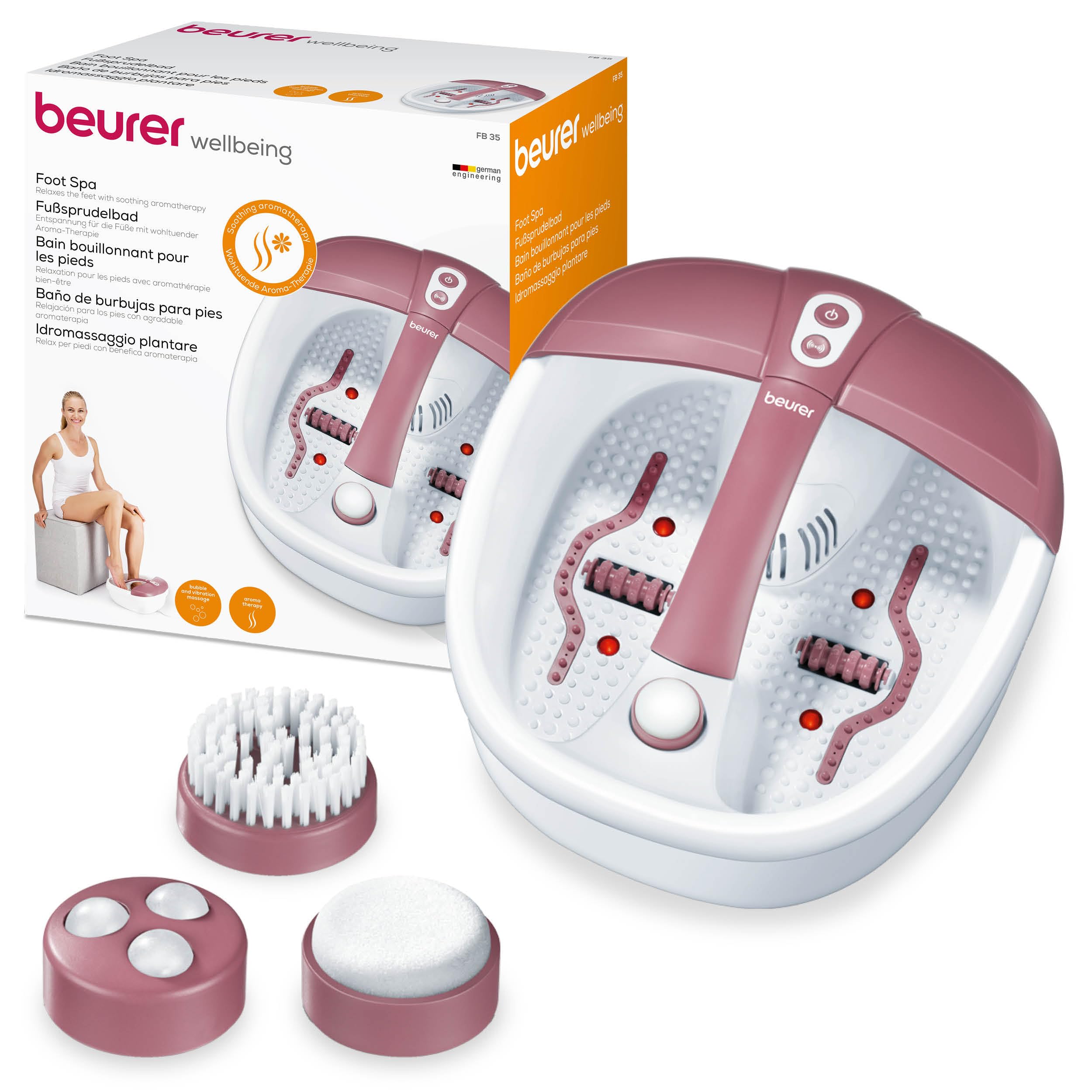 Beurer FB 35 Hidromasaje para Pies, 140 W, 3 funciones de masaje vibratorio, masaje con burbujas, calentamiento de agua, 16 imanes, aromaterapia, 41 x 38 x 17 cm, rojo y blanco