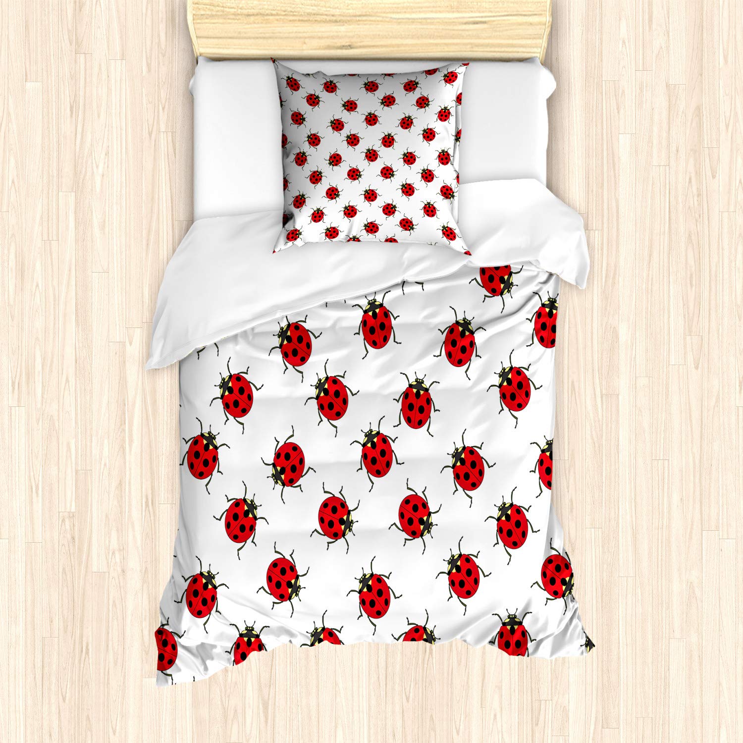ABAKUHAUS Ladybugs Duvet Cover Set, Ladybugs Pattern Bunch of Bugs Infinite Speckled Marked Insect Theme Playroom Kids, Bedding Set 2 Pieces with 1 Pillow Shams, 135 cm x 200 cm, White Red — image 1
