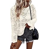Allimy Womens Long Sleeve Hollow Out Crochet Crewneck Knitted Top Blouses Cover Up