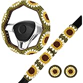 Crochet Steering Wheel Cover Set,Cute Car Steering Wheel Cover Boho 14-15in,Handmade Sunflower Granny Square Pattern Gift for Women Car Accessories for Vehicles (Wheel Cover Set), HZYZW-76