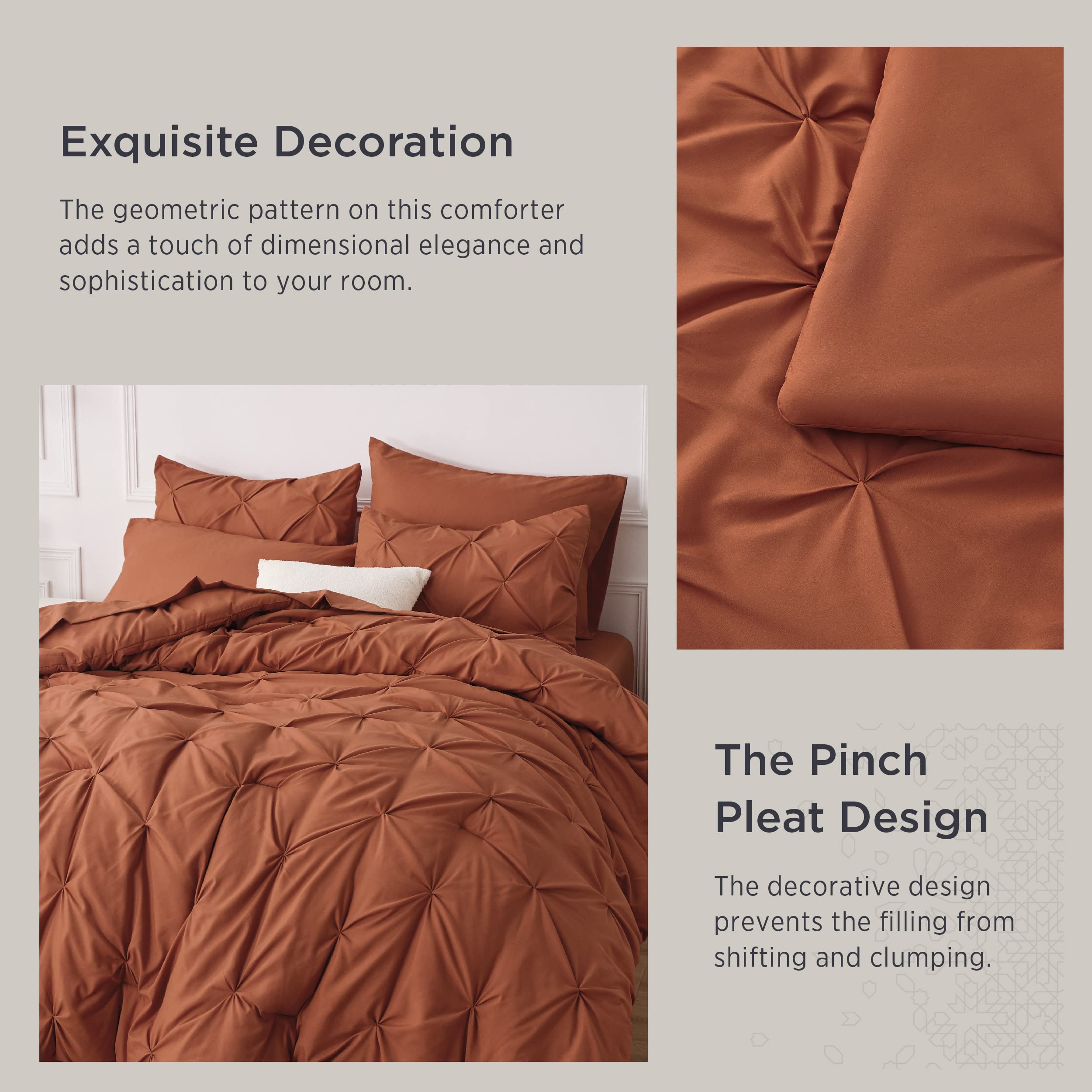 Bedsure California King Comforter Set Burnt Orange - Bed in a Bag California King Size 7 Pieces, GentleSoft™ Pintuck Bed Set Gift for Family, Pinch Pleat Comforter with Sheets, Pillowcases & Shams