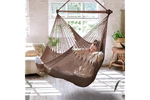 BATHONLY Upgraded Caribbean Hammock Chair with Detachable Metal Bar, Large Hammock Swing Chair, XL Rope Hanging Chair for Outdoor Indoor, 330 LBS Weight Capacity, SaddleBrown