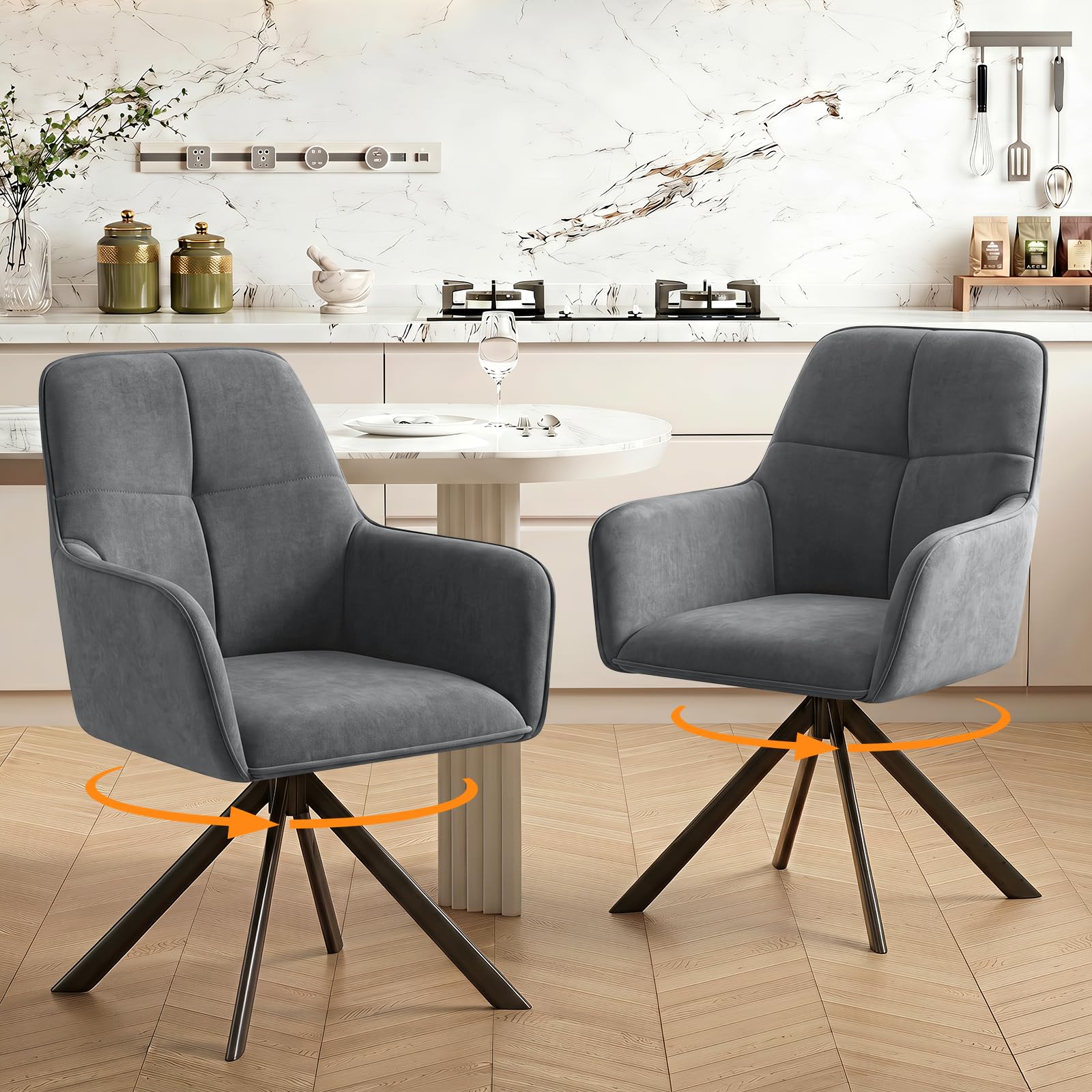 Ckaff Esszimmerstühle Drehbar 6er Set mit Armlehne, 360°Drehbar Polsterstuhl Samt Modern Drehstuhl Küchenstuhl mit Metallgestell und Rückenlehne für Esszimmer, Wohnzimmer, Büro, Dunkelgrau