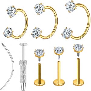18G CZ Horseshoe Nose Rings with Flat Back Labret Studs and Tool | 316L surgical steel and 14K gold finish options for healed