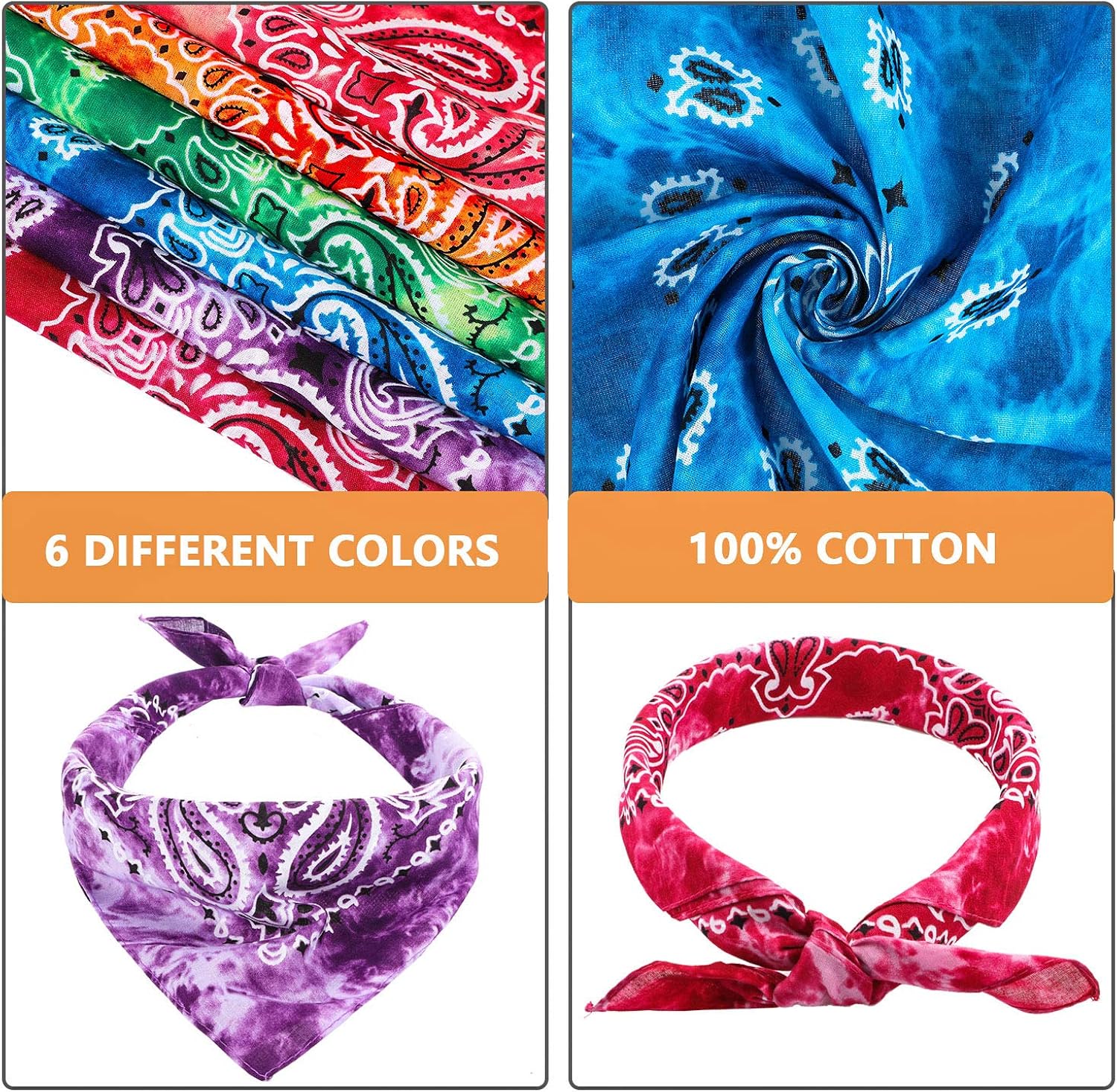 24 Pieces Tie Dye Bandanas Colorful Paisley Bandanas Novelty Gradient Bandana Cowboy Headband Handkerchief for Men Women: Clothing
