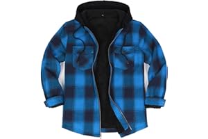 ZENTHACE Men's Sherpa Lined Full Zip Hooded Plaid Shirt Jacket
