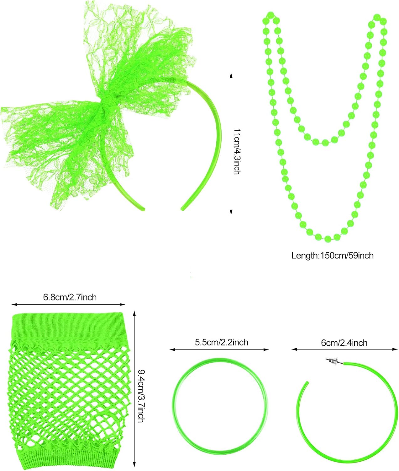 Blulu 80s Fancy Dress Costume Accessories Lace Headband Earrings Fishnet Gloves Necklace Bracelet for Women 80's Party(Fluorescent Green) - Image 3