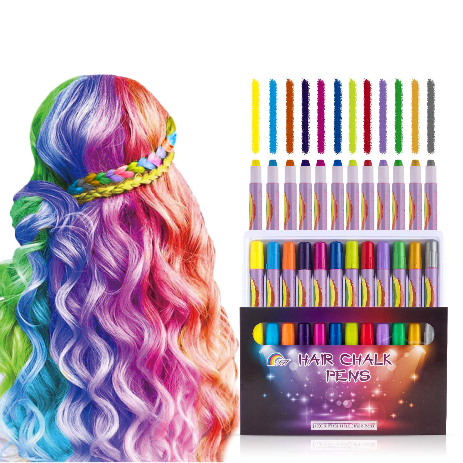 12 Color Hair Chalk Pens for Girls Kids Temporary Bright Color Washable Non-Toxic Hair Dye Perfect Birthday Gifts for 3 4 5 6 7 8 9 10+ Year Old Girls Makeup Party Halloween Cosplay Christmas Party