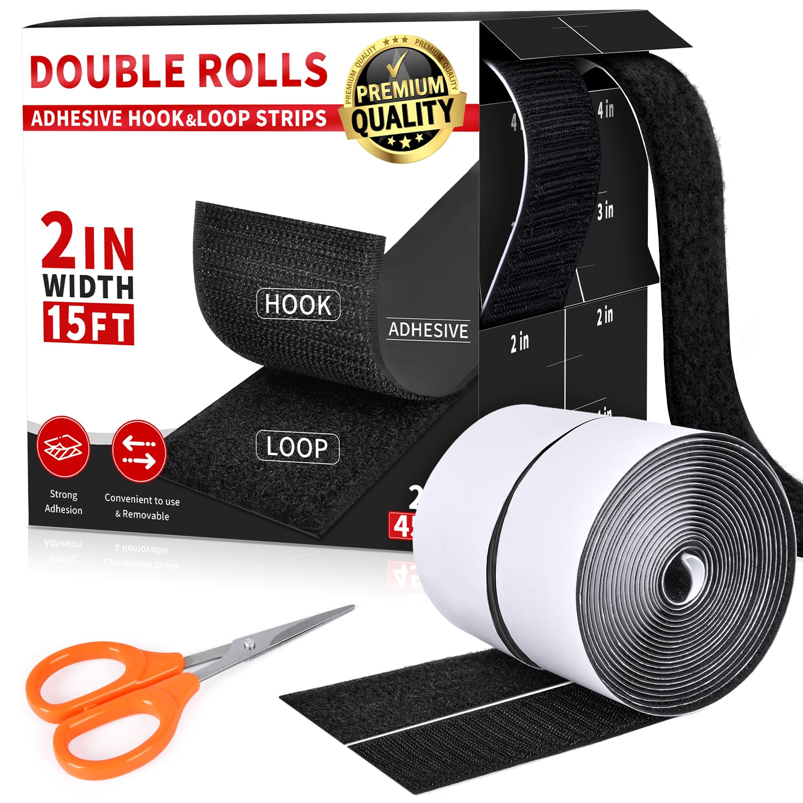 Photo 1 of 2 Inch x 15Ft Hook and Loop Strips with Adhesive, Double Sided Self Adhesive, Nylon Self Tape for Home Office School and Crafting