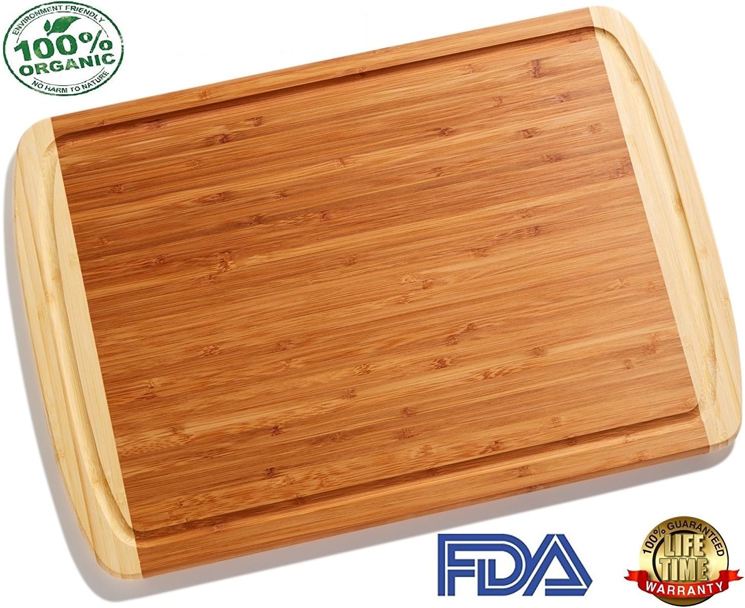 Organic Bamboo Cutting Board - Chopping Block - Serving Board - for Meat, Fruit, Vegetable, Cheese - Double Sided - Drip Groove To Catch Juice - Naturally Anti-Bacterial