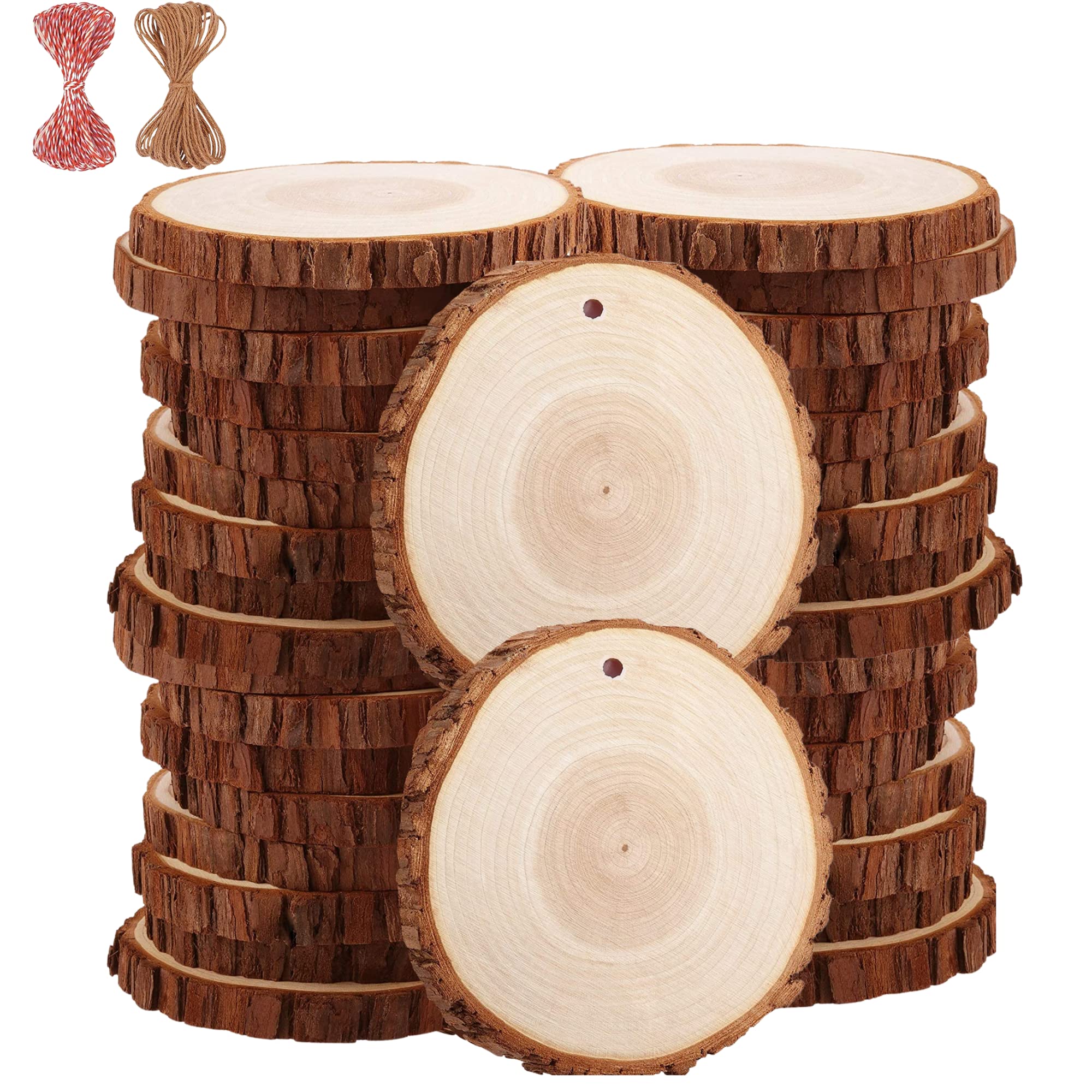 TICIOSH Wood Slices Natural Wood Slices Drilled Hole Unfinished Log Wooden Circles for DIY Crafts Wedding Decorations Christmas Ornaments… (50pcs 6-7cm)