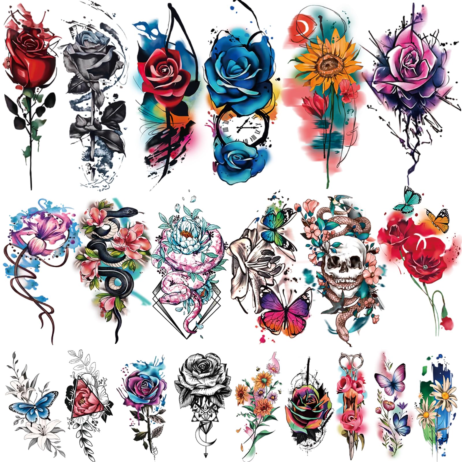 77 Sheets Temporary Tattoo, 17 Sheets Half Arm Flower Rose Skull Butterfly Snake Fake Tattoos for Adults, 60 Sheets Tiny Waterproof Temporary Tattoos Body Art Sticker Realistic for Women Girls or Kids — image 1