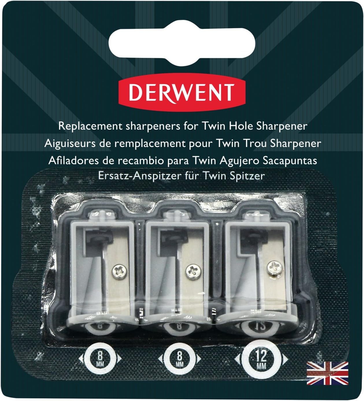 Derwent Twin Hole Sharpener, Set of 3, Replacement Battery Operated , Professional Quality, 2302353, Grey, 3 Count (Pack of 1)