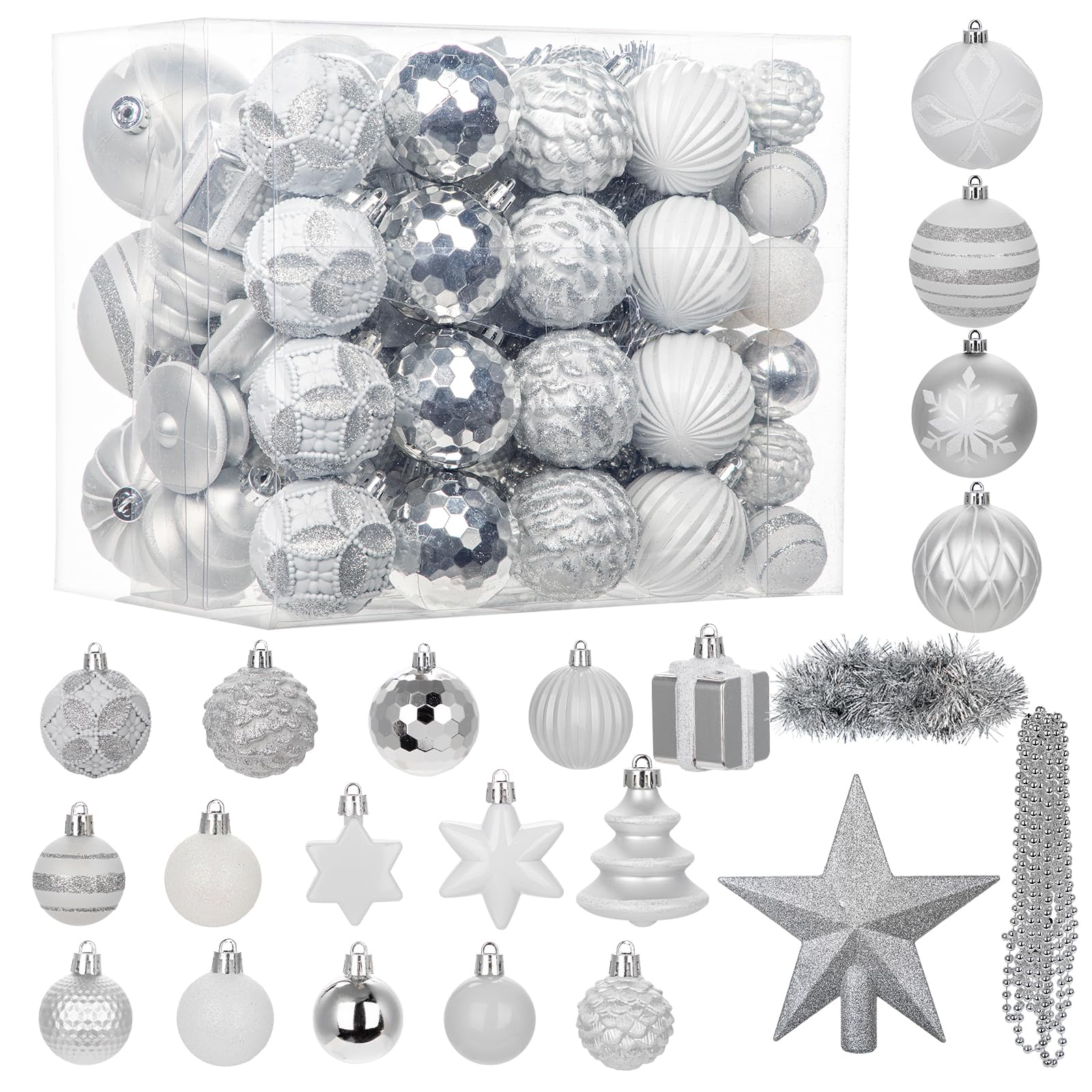 Photo 1 of 100PCS Christmas Ornaments Set Silver & White – Shatterproof Xmas Tree Decorations Balls Kit with Tree Topper Star, Tinsel Garland, Hanging Baubles for Holiday Party Décor Indoor Outdoor