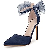 Coutgo Women's Closed Pointed Toe High Heels with Bow Knot Ankle Strap Satin Stiletto Pumps