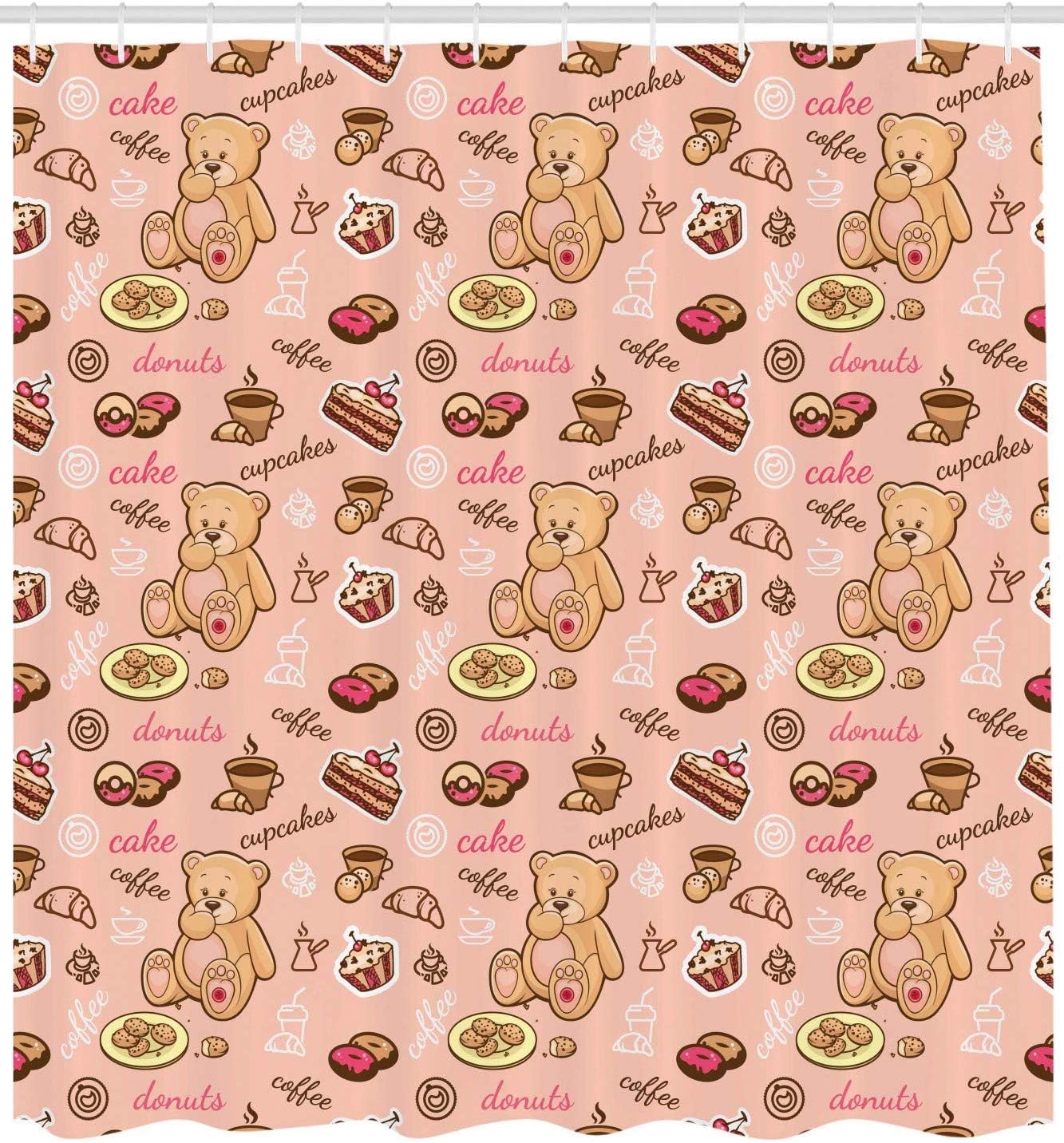 vrupi Dessert Shower Curtain Teddy Bear Cake Biscuits Donut Cake Cute Game Room Cartoon Pattern 71x71inch Polyester waterproof fabric includes twelve plastic hooks
