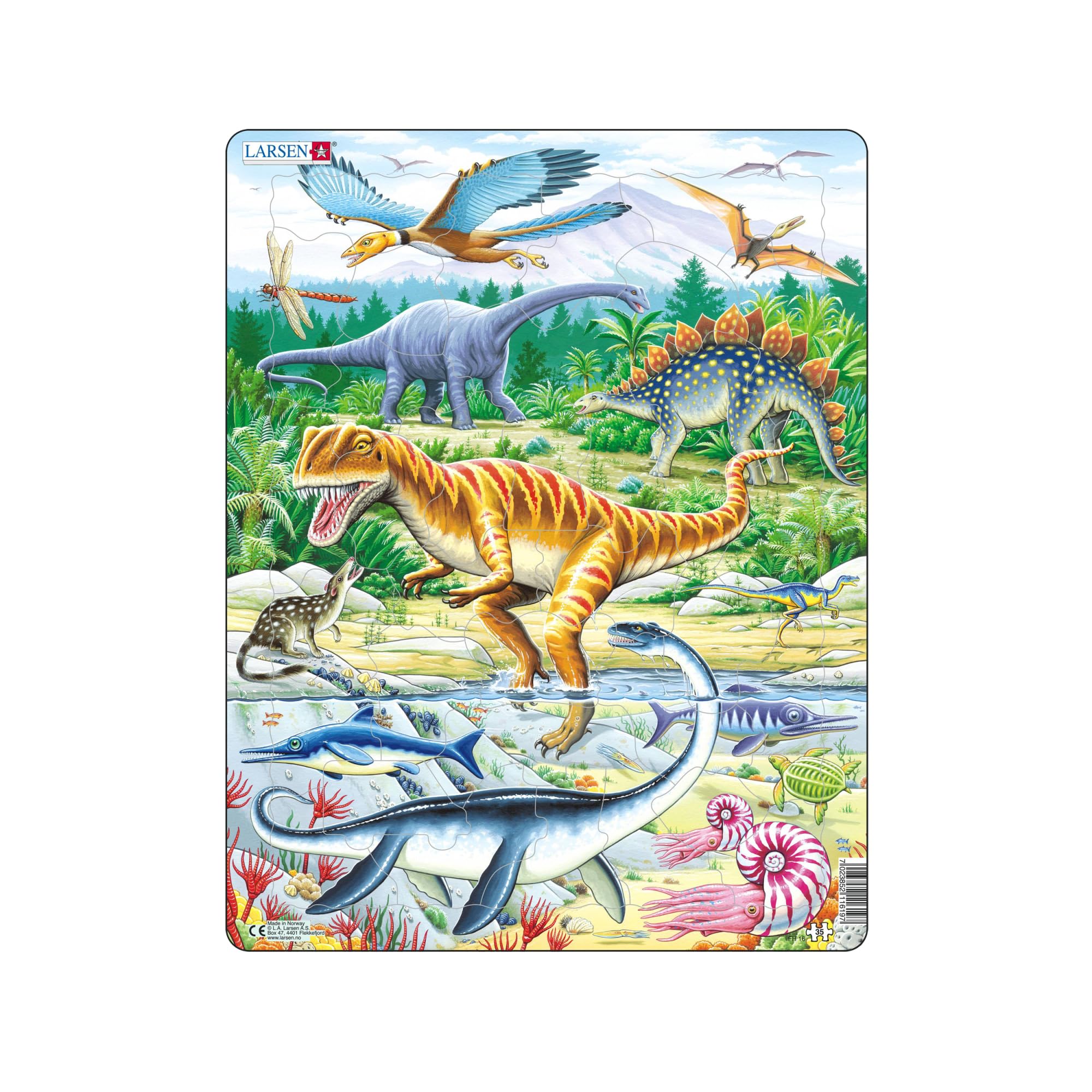 Larsen FH16 Dinosaur Jigsaw Puzzle – 42-Piece Jurassic Era Tray Puzzle for Kids (Allosaurus, Stegosaurus, Pterodactyl & More) – Educational Prehistoric Puzzle Ages 5+