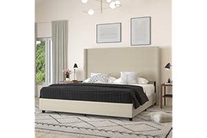 Merrick Lane Bramlett Modern Platform Bed - Beige Faux Linen - King - Padded Wingback Headboard - 3" Floor Clearance - Wood Support Slats - No Box Spring Needed